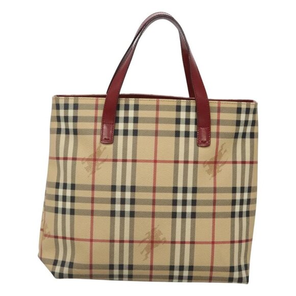 BURBERRY Nova Check Hand Bag PVC Beige Red Silver Auth - Picture 10 of 16